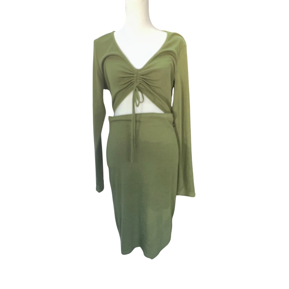 BCBG Paris Olive Green Long Sleeve Cut Out Bodycon Dress Womens Size L Babydoll